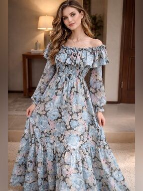 Vintage 1970’s Candi Jones Floral Ruffle Long Sleeve Maxi Dress Blue Large